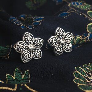 Brighton Large Silver Flower Floral Swirl Art Nouveau Chunky Clip On Earrings